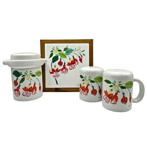 Vintage Floral M. Kamenstein Ceramic Set S & P Shakers w Handle Canister Trivet